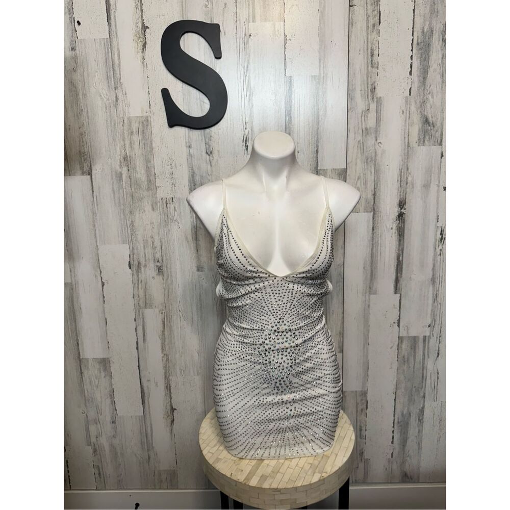 AKIRA White Rhinestone Studded Mini Dress Womens Size Small S Lace Up Open Back